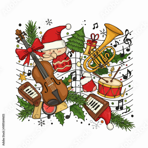 A colorful Christmas illustration featuring musical instruments, gifts, and festive elements, capturing the joy of holiday music. The illustration includes a violin, a trumpet, a drum, a keyboard.