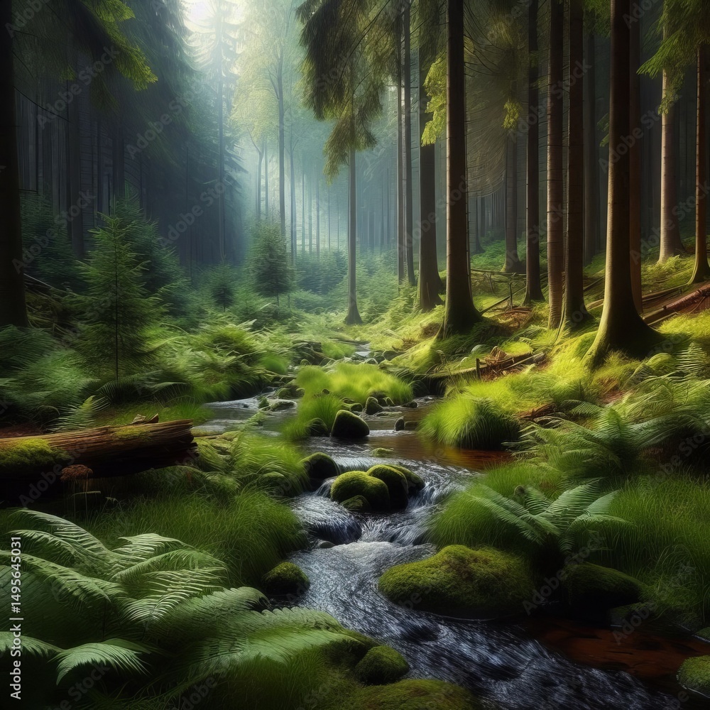 Obraz premium Quiet tall trees and ferns