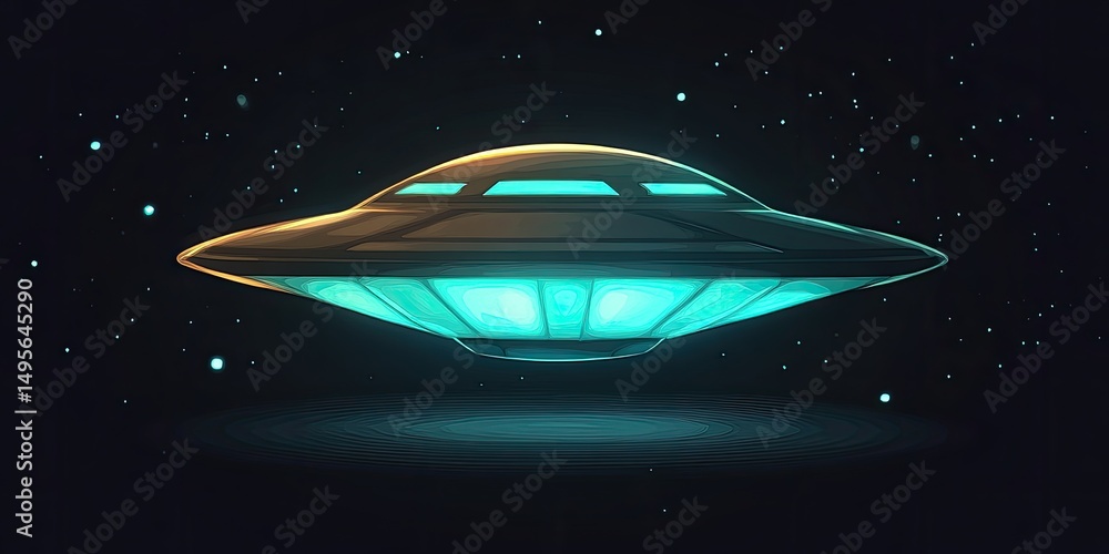 A stylized, glowing UFO in the dark expanse of space A stylized, glowing UFO in the dark expanse of space