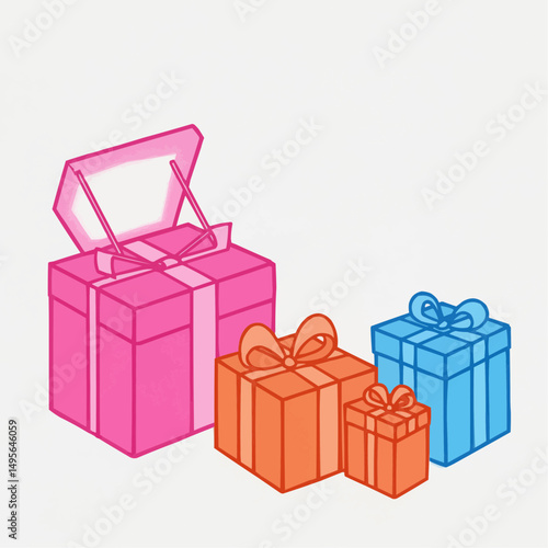 Four colorful gift boxes with tied ribbons, set against a neutral background, evoke a sense of anticipation