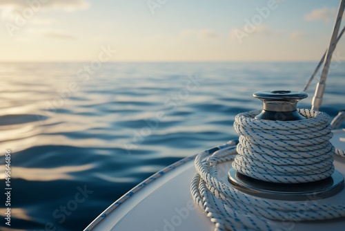 Close-up of coiled nautical rope on sailboat deck at sunset, ocean background.