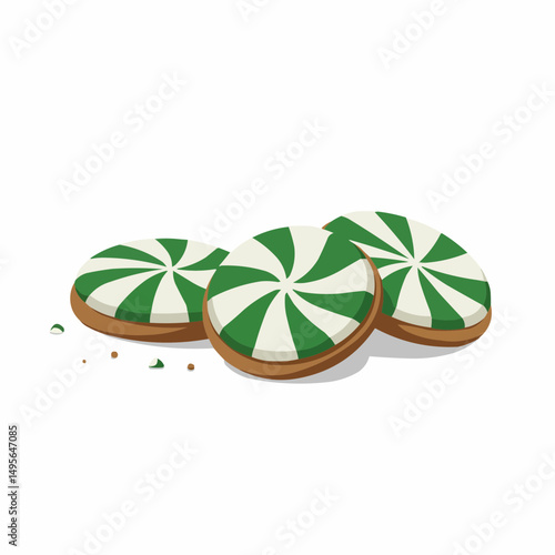 Three round cookies with a green and white swirl design, sitting on a white background.