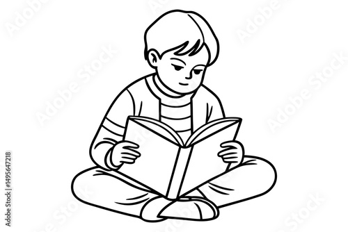 Little child reading book one line sketch