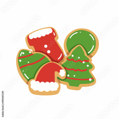A festive assortment of Christmas-themed cookies: a stocking, a ball, a tree, and a Santa hat. This is the perfect way to add a festive touch to your Christmas decorations, holiday baking.