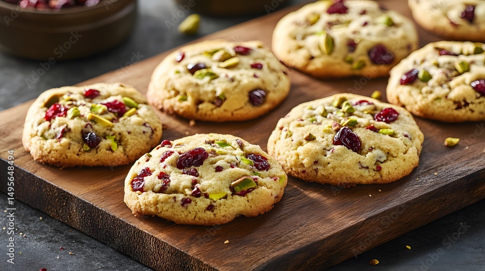 Delicious homemade cranberry pistachio cookies recipe on a wooden board for holiday baking time Delicious homemade cranberry pistachio cookies recipe on a wooden board for holiday baking time