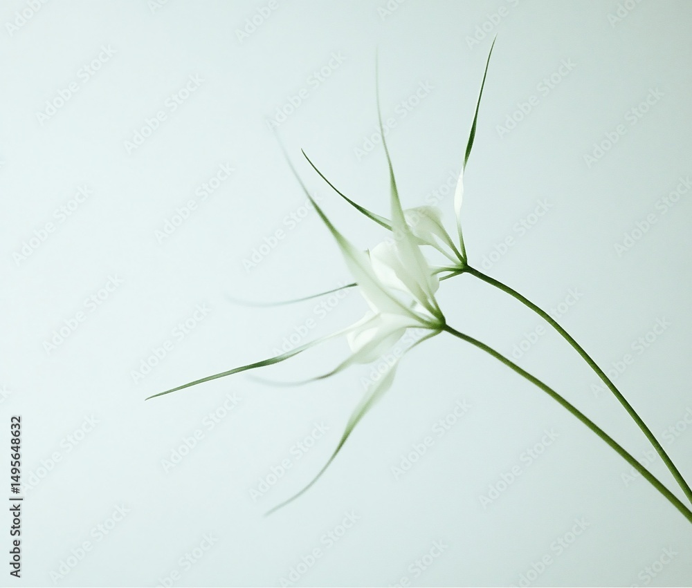 Obraz premium Two delicate white flowers with long, slender stems against a soft blue-green background.