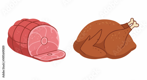 Delicious ham and roasted turkey dishes ready to be served for a feast