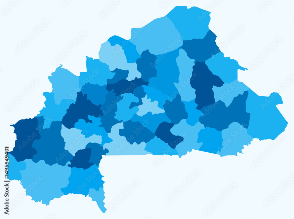 Fototapeta premium Map of Burkina Faso with regions. Just a simple country border map with region division. Light blue color palette. Blank Burkina Faso shape with administrative division. Vector illustration.