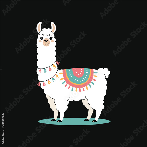 Cute Colorful Llama with Decorative Blanket on Black Background – Cartoon Vector Illustration
