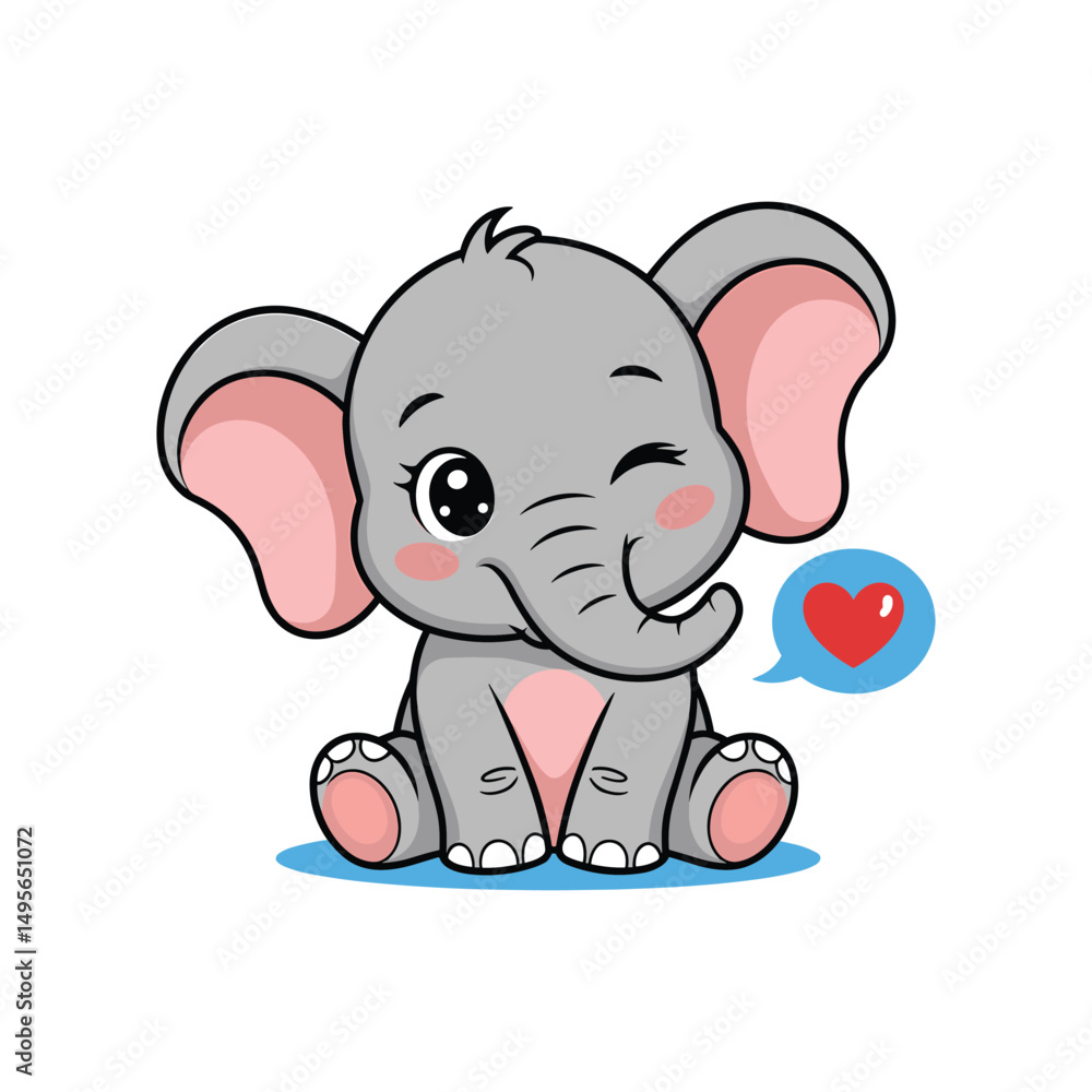 Fototapeta premium Sweetheart Elephant: A charming illustration features a cute cartoon baby elephant, its adorable features enhanced by a subtle wink, conveying affection with a speech bubble heart.
