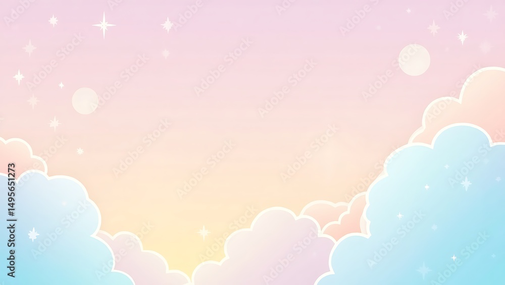Pastel sky landscape background with fluffy clouds and shimmering stars Pastel sky landscape background with fluffy clouds and shimmering stars