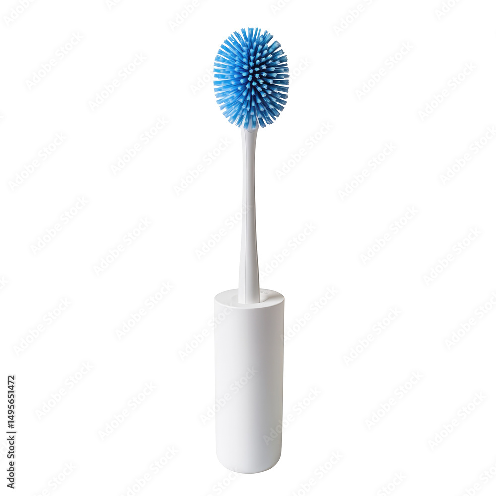 A toilet brush with a blue spherical head and a white handle in a white cylindrical holder isolated A toilet brush with a blue spherical head and a white handle in a white cylindrical holder isolated