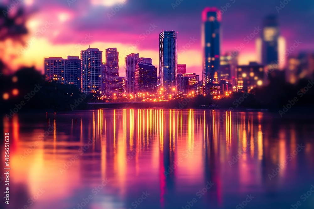 Obraz premium City skyline reflected in calm water at sunset, vibrant colors, bokeh effect.