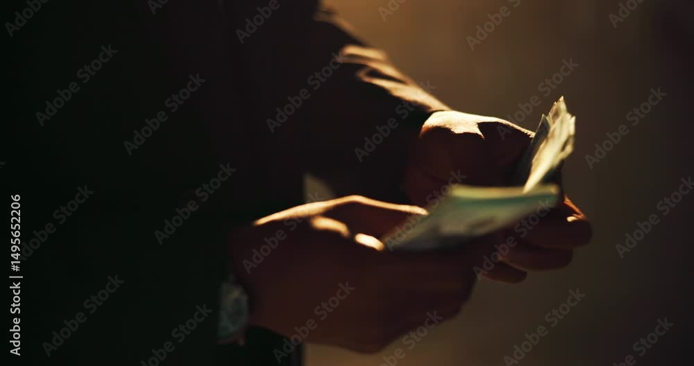 Hands, fraud and counting cash for profit, money laundering and investment scam in crime syndicate. Night, bank notes and person with wealth from criminal activities, corruption and illegal business