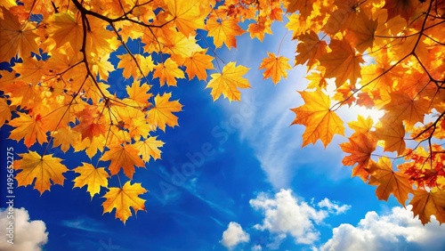Golden autumn leaves frame a vibrant blue sky with fluffy white clouds, creating a picturesque autumnal scene.