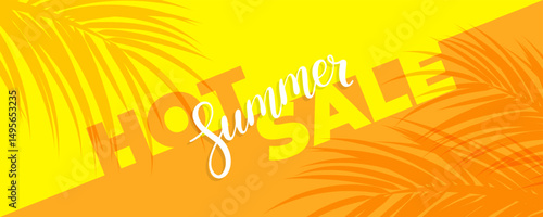 Hot Summer Sale banner. Summertime commercial background with tropical leaves and hand lettering for Summer season shopping promotion and sales advertising. Vector illustration.