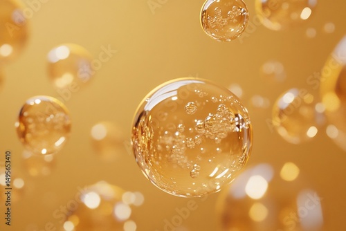 Abstract background of golden spheres with small bubbles inside, floating in a golden-yellow background.
