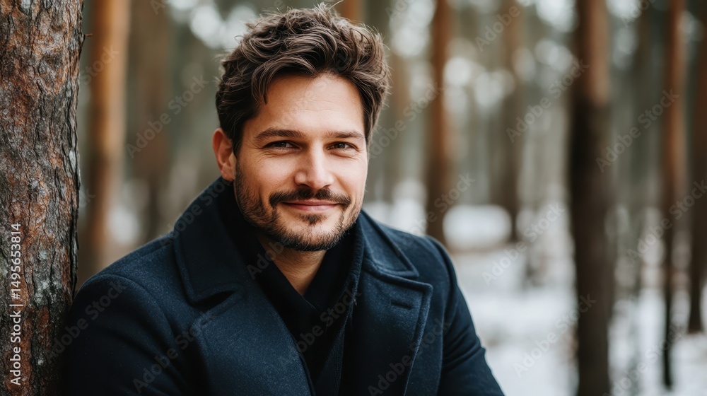 Handsome Man With Brown Hair And Coat Posing By Tree, Looking At Camera Handsome Man With Brown Hair And Coat Posing By Tree, Looking At Camera