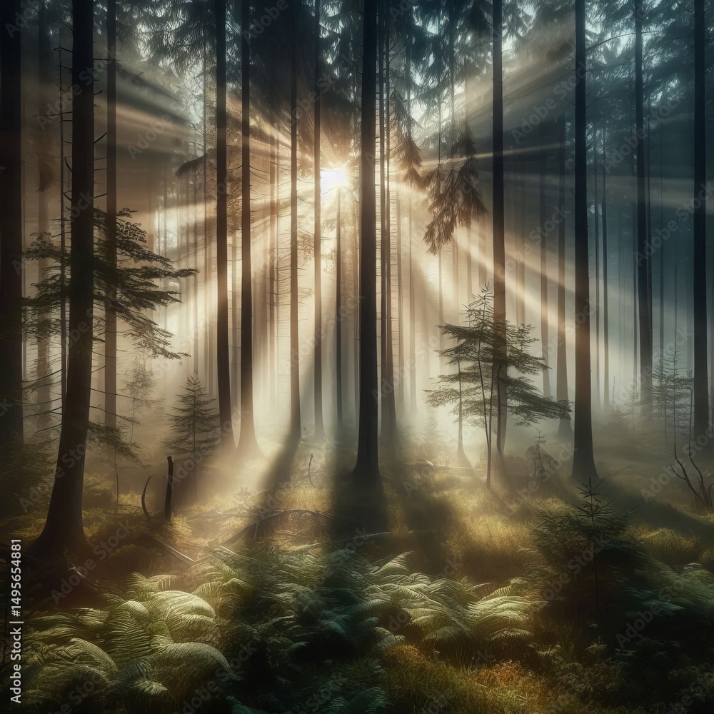 Naklejka premium Mystic forest in misty woodlands