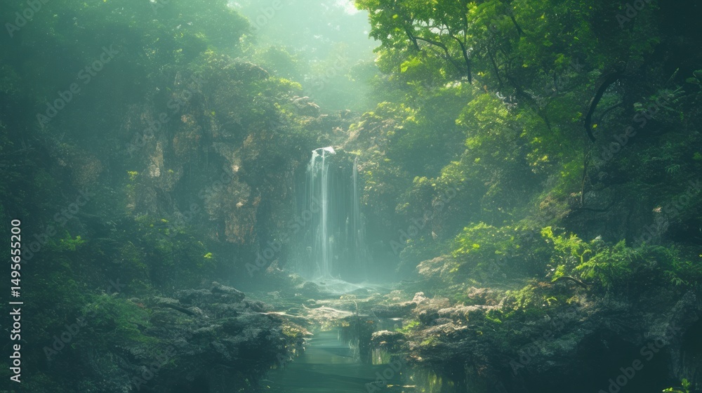 Obraz premium Lush waterfall cascading down misty rocks