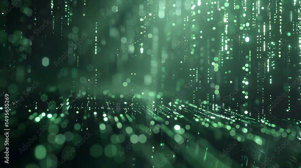 Abstract green matrix background with falling digital code and glowing particles effect design Abstract green matrix background with falling digital code and glowing particles effect design
