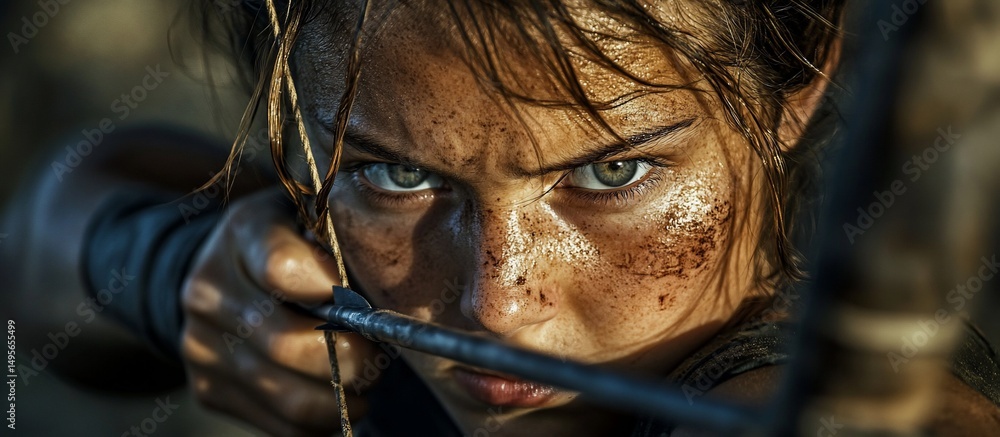 Obraz premium Close-up of a determined woman aiming a bow and arrow, dirt on her face.