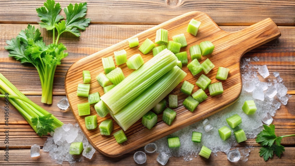 Fresh Celery Stalks Chopped and Ready for Freezing on Wooden Cutting Board with Ice Cubes