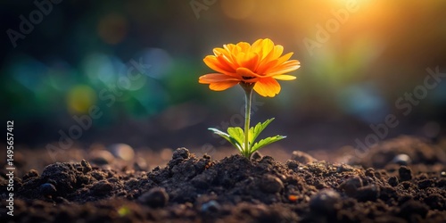 A Vibrant Orange Blossom Emerges from Dark Soil, Bathed in Golden Sunlight, Symbolizing Growth and Resilience