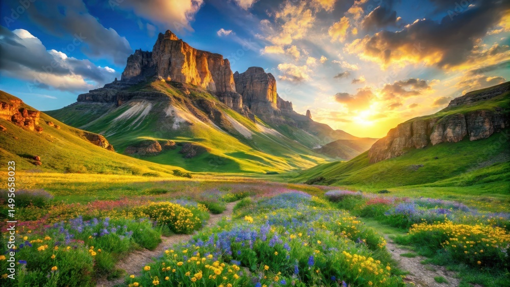 Golden Hour Serenity A Vibrant Wildflower Meadow Basking in the Glow of a Sunset Over Majestic Mountains