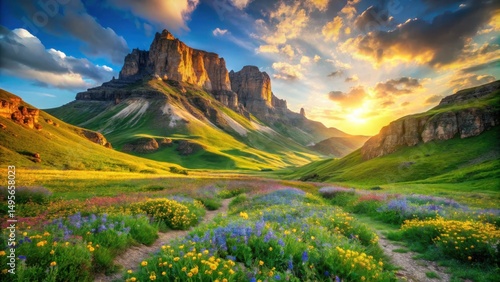 Obraz na płótnie Golden Hour Serenity A Vibrant Wildflower Meadow Basking in the Glow of a Sunset Over Majestic Mountains w salonie