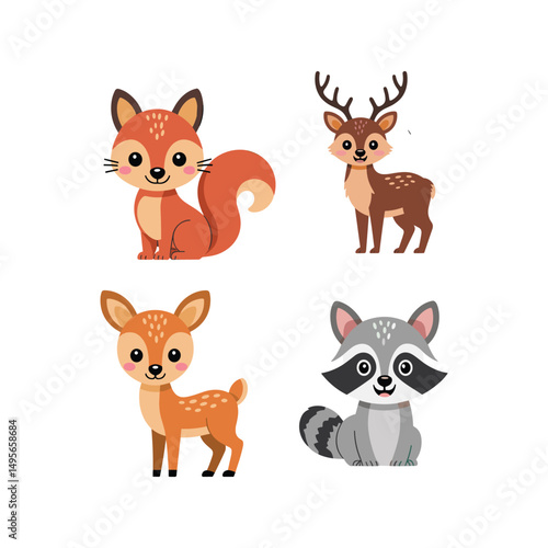 Adorable Woodland Animals vector on white background