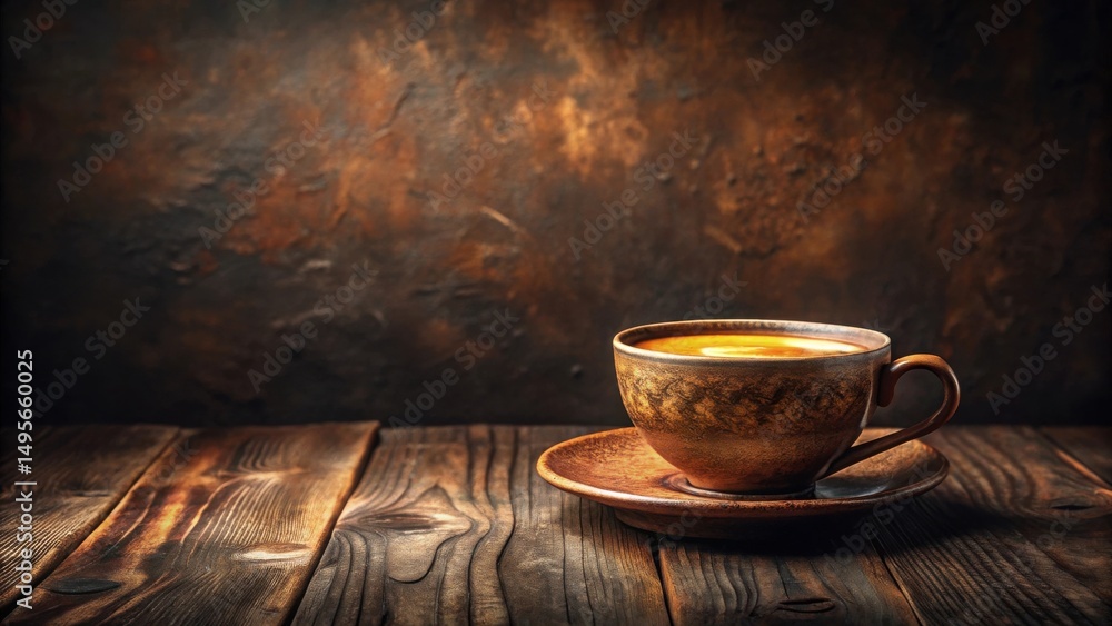 Obraz premium Aromatic Coffee in Rustic Earthenware Cup on Weathered Wooden Table