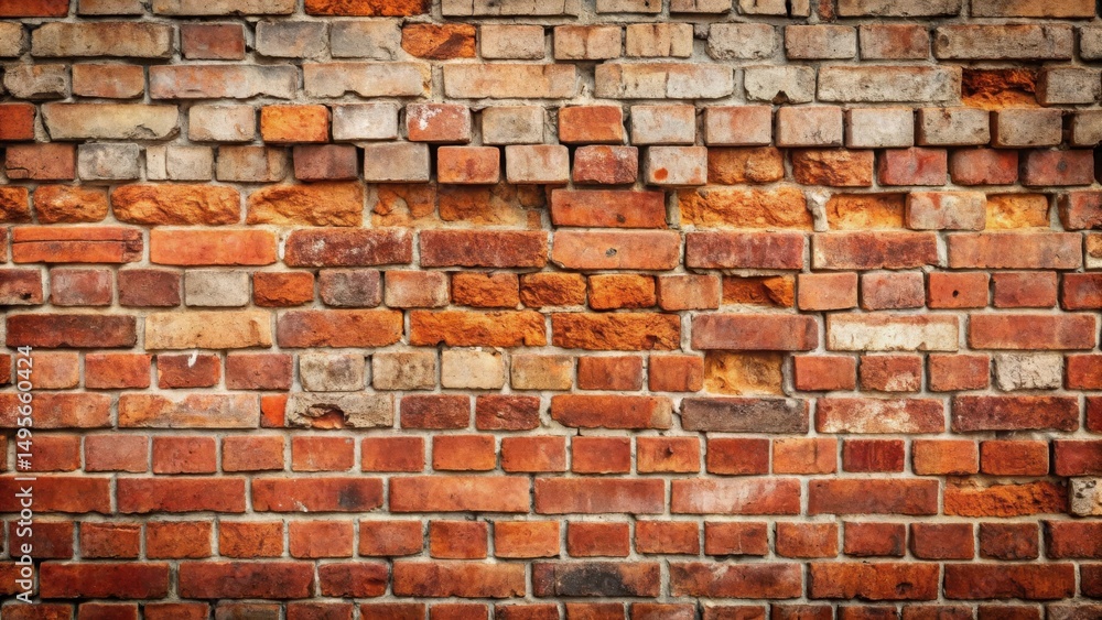 Fototapeta premium A Rustic Weathered Brick Wall Texture Featuring Diverse Shades of Red and Orange