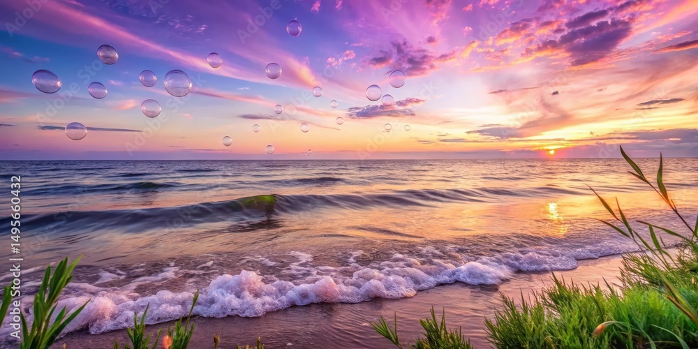 Serene Sunset Seascape with Ephemeral Bubbles Floating Gently Over the Ocean Waves at the Shoreline