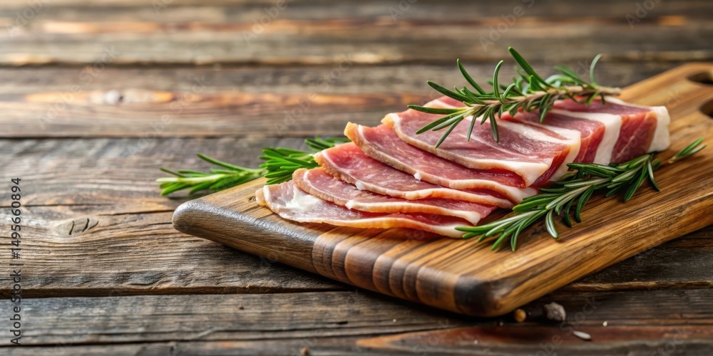Delicious Slices of Cured Meat on Rustic Wooden Board with Aromatic Rosemary Sprigs
