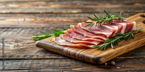 Obraz na płótnie Delicious Slices of Cured Meat on Rustic Wooden Board with Aromatic Rosemary Sprigs w salonie