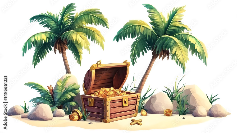 Obraz premium Tropical island with open treasure chest, palm trees and rocks. Vector cartoon illustration isolated on white background