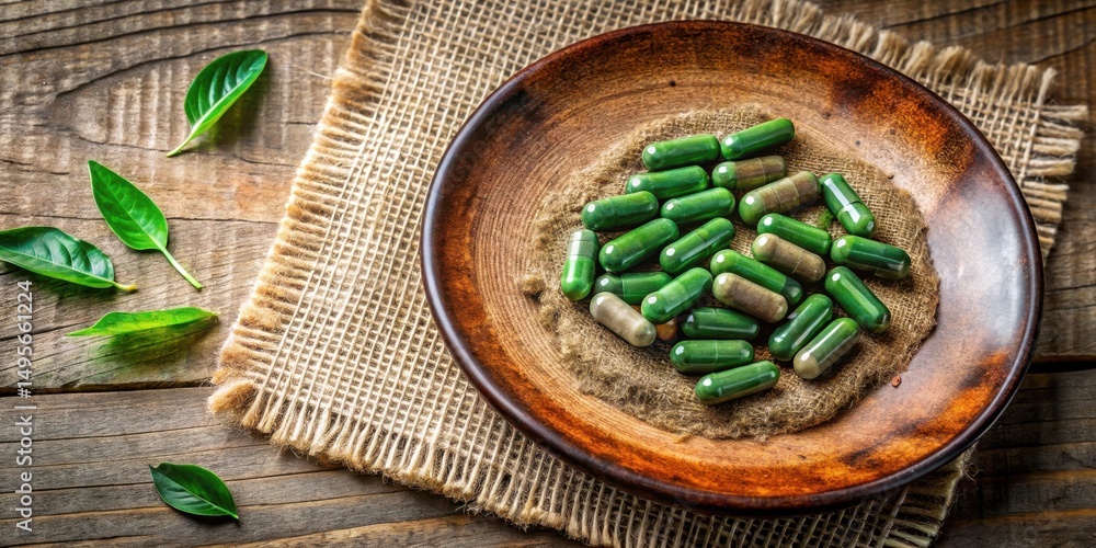 A Rustic Wooden Tabletop Displays a Collection of Herbal Capsules in a Dark Brown Dish, Nestled on Burlap, with Fresh Green Leaves Scattered Nearby