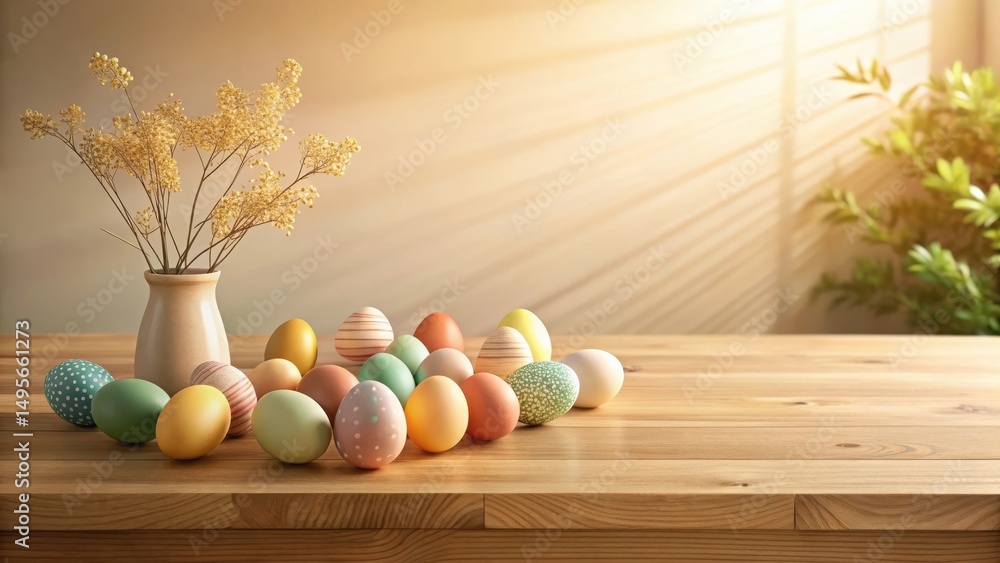 Pastel Easter Eggs and Dried Flowers on Wooden Table
