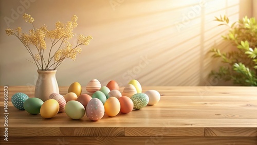 Obraz na płótnie Pastel Easter Eggs and Dried Flowers on Wooden Table w salonie