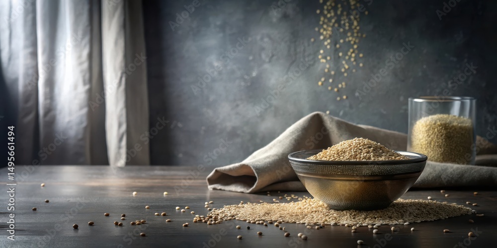 A Bountiful Harvest of Golden Grains in a Rustic Bowl, Spilled on a Dark Wooden Tabletop with Linen Cloth and Glass Jar