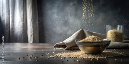 Obraz na płótnie A Bountiful Harvest of Golden Grains in a Rustic Bowl, Spilled on a Dark Wooden Tabletop with Linen Cloth and Glass Jar w salonie