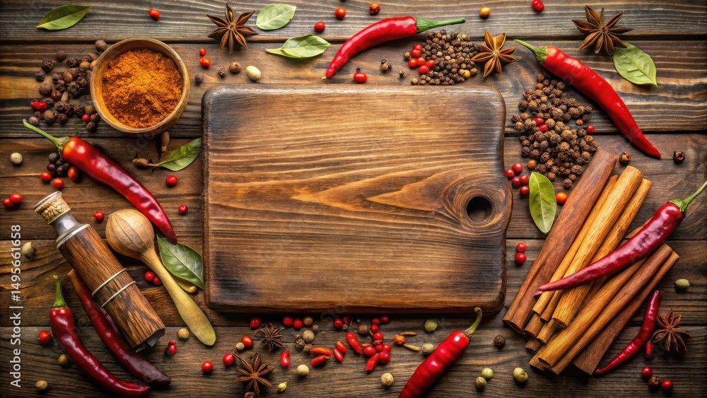 Aromatic Spices and Chili Peppers Arranged Around a Rustic Wooden Cutting Board
