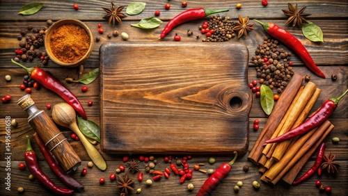 Obraz na płótnie Aromatic Spices and Chili Peppers Arranged Around a Rustic Wooden Cutting Board w salonie