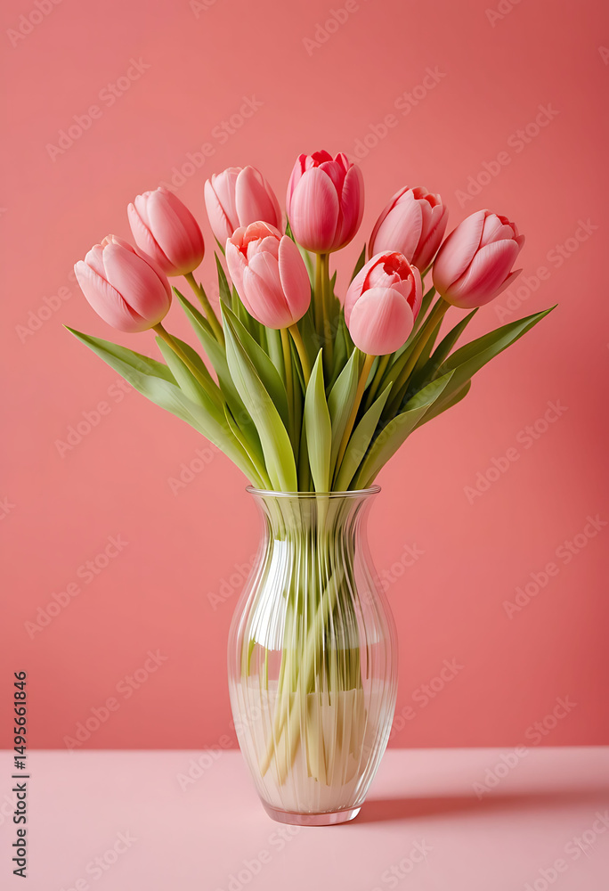 Fototapeta premium Elegant Tulip Flower Vase with Soft Light Red Background