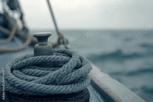 Close-up of nautical rope coiled around a cleat on a sailboat deck, with a blurred ocean background.