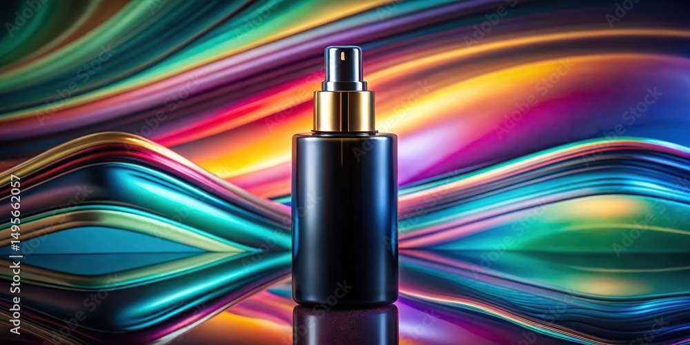 Elegant Dark Bottle with Gold Accent Against a Vibrant Swirling Abstract Background