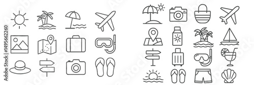 Various travel icons representing beach activities, vacation essentials, and leisure time on a sunny day