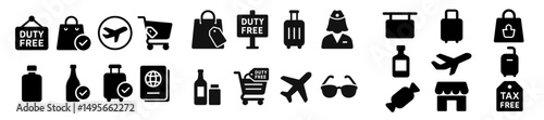 Icons representing shopping, travel, and duty-free items at an airport location during daytime hours