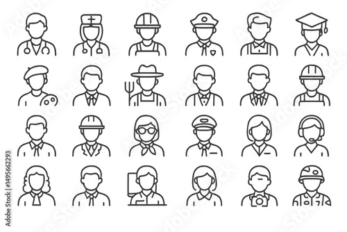 Diverse collection of line icons representing various professions including healthcare, education, and construction roles